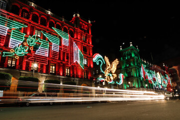 Mexico City, Mexico. September 02, 2019. Decorations of lights to commemorate September 15, the day that commemorates the beginning of the Independence of Mexico, multiple exposure photo.