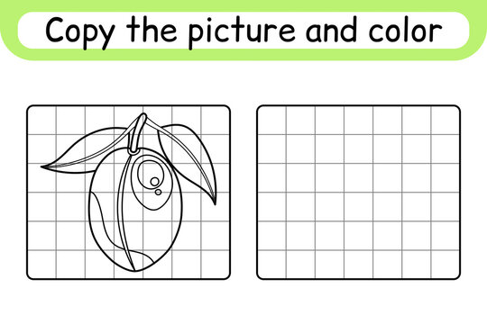 Copy the picture and color plum. Complete the picture. Finish the image. Coloring book. Educational drawing exercise game for children