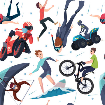 Extreme pattern. Outdoor extreme adventure with runners swimmers travellers bikers swanky vector seamless background