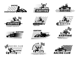Race karting. Fast extreme sport cars emblems and badges collection isolated on white recent vector template logos