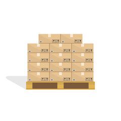 Cardboard boxes on wooden pallets. Carton parcel for storage and cargo with barcode and pictograms and text stickers. Cargo box isolated on white background.