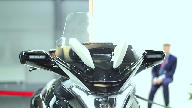 Close-up of police flashing lights on motorcycle. Motion. Bright flashing lights on new motorcycle. Modern transport for police patrol