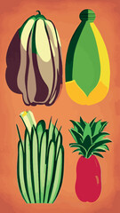 Vector illustration with fresh organic vegetables and fruitmizdorovoe nutrition. A set of vegetarian sliced, full of vegetables and fruits.