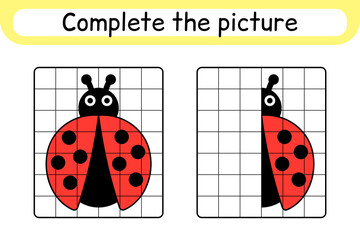 Complete the picture ladybug. Copy the picture and color. Finish the image. Coloring book. Educational drawing exercise game for children