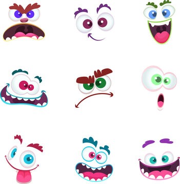 Monster faces. Crazy avatar funny character emoticons with eyes and toothy mouths cartoon monsters face collection