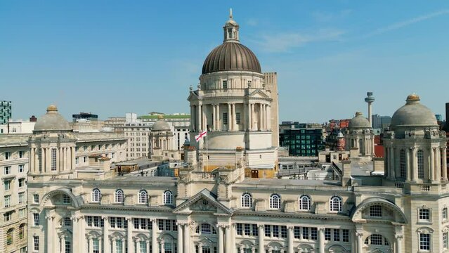 Famous Port of Liverpool Building at Pier Head - aerial view - drone photography