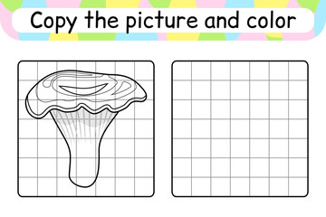 Copy the picture and color mushroom chanterelle. Complete the picture. Finish the image. Coloring book. Educational drawing exercise game for children