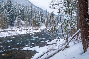 majestic mountain snow and icy river with mountain background in Vancouver, Canada