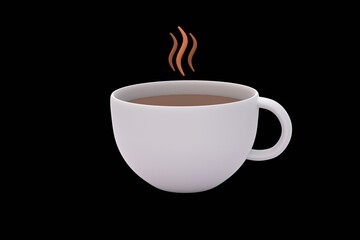 White cup with aromatic coffee on black background in 3D space.