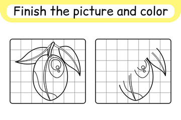Complete the picture plum. Copy the picture and color. Finish the image. Coloring book. Educational drawing exercise game for children