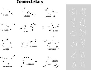 Connect stars kids game for study constellations. Star constellation, aurus pesces leo. Children astrology paper play vector template