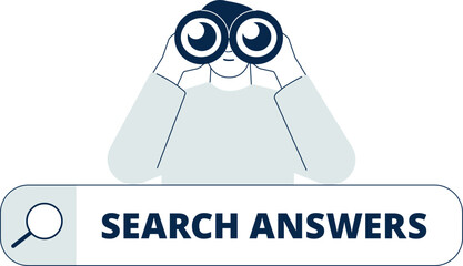 Man looking with binocular and search bar. Searching answers vector concept, look business perspective. Hiring workers or finding job scene. Internet surfing metaphor