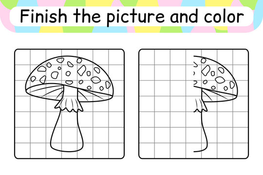 Complete the picture mushroom amanita. Copy the picture and color. Finish the image. Coloring book. Educational drawing exercise game for children