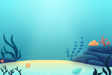 Naklejka na ściany i meble Landscape underwater ocean floor with algae. Digital illustration.