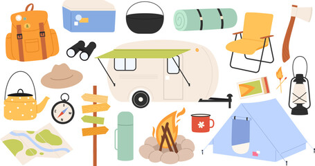 Camping outdoor elements and tools. Holiday recreation on nature tens and camper, travel hiking explorer set. Camp adventure tourist racy vector collection