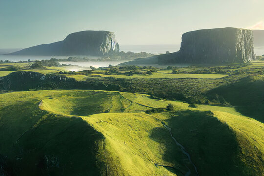 beautiful sunny beach coast, white cliffs, green valley and meadows, ireland landscape background, 3d render, 3d illustration