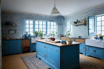 beautiful vintage country cozy kitchen with blue accents, 3d render, 3d illustration