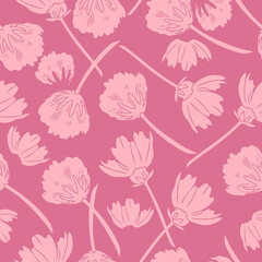 Fototapeta na wymiar Pink Cosmos flower seamless vector pattern on lilac background