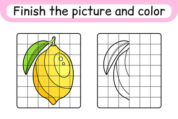 Complete the picture lemon. Copy the picture and color. Finish the image. Coloring book. Educational drawing exercise game for children