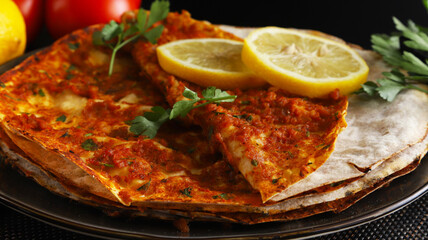 Lahmajoun - a minced meat dish on a flatbread. Shallow depth of field