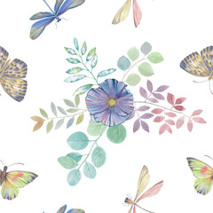 Watercolor seamless illustration. Abstract background. Botanical ornament, flowers, butterflies, dragonflies, leaves for design, print, wallpaper, textile.