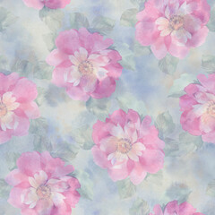Abstract watercolor background. Seamless floral pattern of peony flowers, gentle pastel colors.