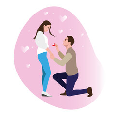 An offer of marriage. A kneeling man make a proposal of marriage to his darling be loved one. Flat illustration cartoon vector concept design isolated on white background