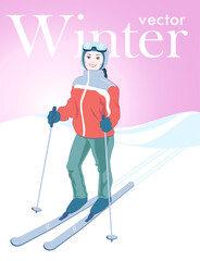 winter illustration of a smiling girl skiing