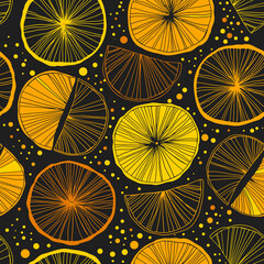 Decorative shinny pattern in scandinavian style. Vector texture with cute oranges on dark backdrop, drawn background for wallpapers, textile, wrapping papers - 528289504