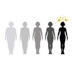 Vector women silhouettes, losing excess weight. Fitness training steps. Beautiful body - 528289518