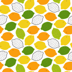 Tropical pattern with lemons, limes, oranges. Vector fruits background, eco cute texture