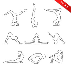 Vector collection of women in the yoga poses. Set of contour silhouettes. Relax and meditate. Healthy lifestyle, wellness beautiful icons