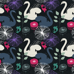 Swan drawn pattern, abstract vector texture. Fantasy unusual background with birds and flowers