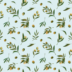Green watercolor olive branch seamless pattern on blue background. Floral botanical design