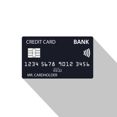 Vector illustration of a credit card on a white background with a falling shadow.