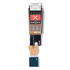 Refusal payment for goods via POS-terminal with a credit card chip by a man's hand.