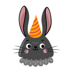 Cute black bunny in party hat cartoon character. Bunny portrait, face, head, avatar. Hare flat vector illustration.