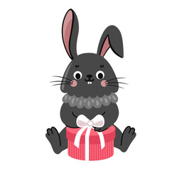 Cute little rabbit opening gift box. Black bunny with present. Hare cartoon character flat vector illustration.