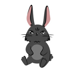 Sitting black water rabbit. Bunny cartoon character. Vector isolated illustration.