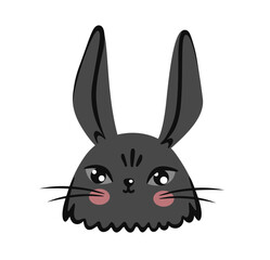 Black bunny portrait. Rabbit cartoon character, hare face, head, avatar. Vector flat illustration.
