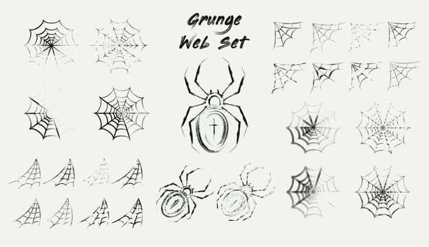 Set with spiders, round and hanging in corner spiderwebs in sketch style. Grunge uneven paint brush strokes, smears. Design elements for Halloween design. Spooky, scary, horror halloween decor. Vector
