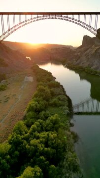 Aerial drone footage of the Perrine Bridge over the Snake River canyon located in Twin Falls Idaho.