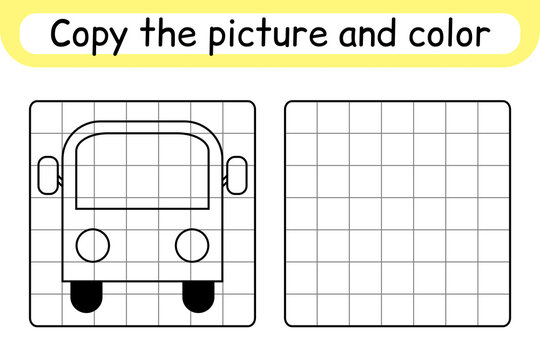 Copy the picture and color bus. Complete the picture. Finish the image. Coloring book. Educational drawing exercise game for children