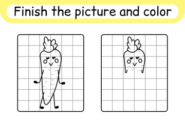 Complete the picture carrot. Copy the picture and color. Finish the image. Coloring book. Educational drawing exercise game for children