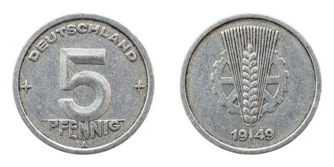 Old inactive coin 5 pfennig 1949 Germany DDR closeup isolated on white background.