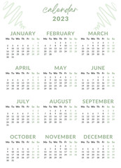 2023 calendar year illustration. The week starts on Monday. Yearly calendar template 2023. Calendar design in green and black colors, holidays in green colors.

