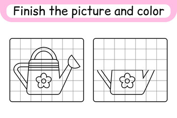 Complete the picture watering can. Copy the picture and color. Finish the image. Coloring book. Educational drawing exercise game for children