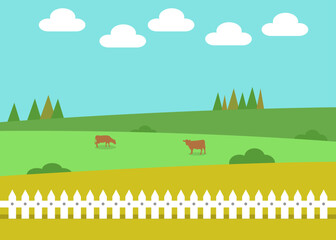 Braune Kühe auf einer grüner Wiese im Hintergrund mit einem weißen Zaun im Vordergrund.