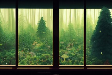 Peaceful forest view out of the window frame. Calm relaxing scenery. Digital artwork of soothing beautiful trees. Comfy home. Green nature landscape.
