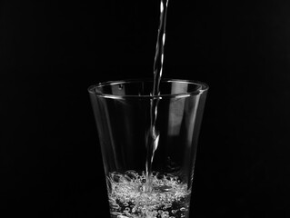 Pouring fresh water on glass on black background.	